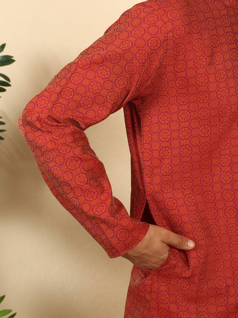 Silk blend jacquard geometric maroon kurta with beige elastic dhoti