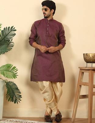 Silk blend jacquard geometric purple kurta with beige elastic dhoti 1