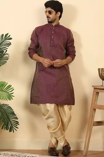 Silk blend jacquard geometric purple kurta with beige elastic dhoti