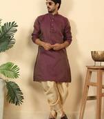 Silk blend jacquard geometric purple kurta with beige elastic dhoti