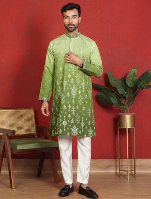 Cotton silk embroidered thread work green kurta with trouser 1