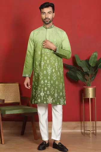Cotton silk embroidered thread work green kurta with trouser
