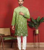 Cotton silk embroidered thread work green kurta with trouser