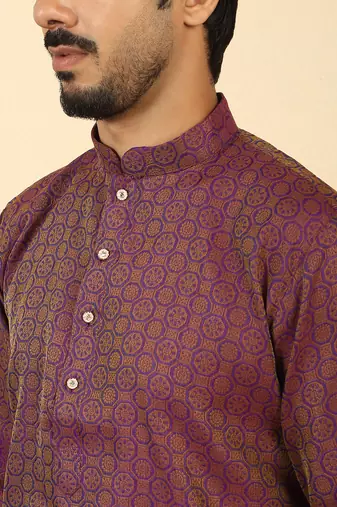 Silk blend jacquard geometric purple kurta with beige elastic dhoti