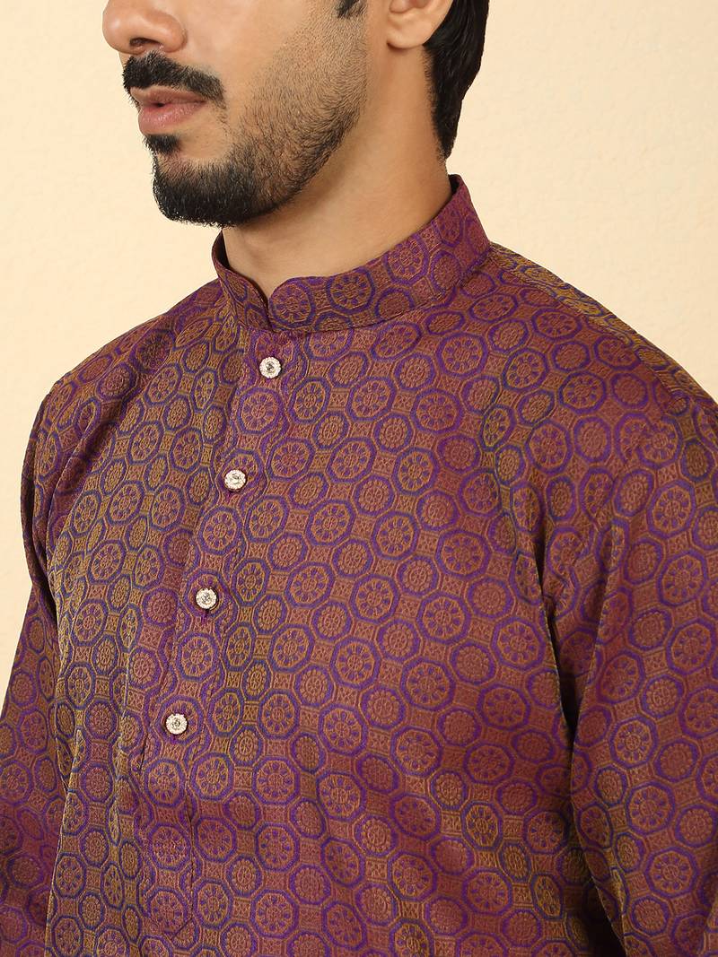 Silk blend jacquard geometric purple kurta with beige elastic dhoti