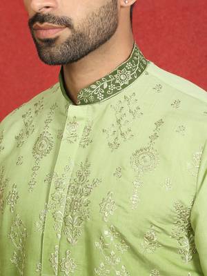Cotton silk embroidered thread work green kurta with trouser 2