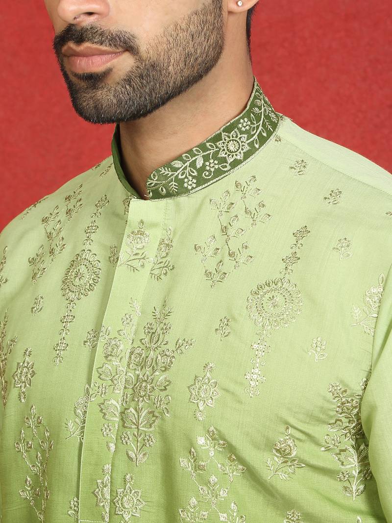 Cotton silk embroidered thread work green kurta with trouser