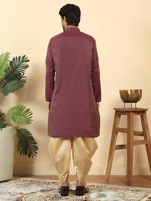 Silk blend jacquard geometric purple kurta with beige elastic dhoti 3