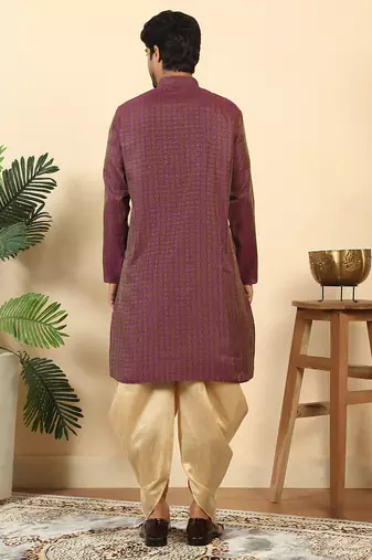 Silk blend jacquard geometric purple kurta with beige elastic dhoti