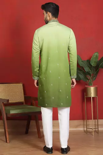 Cotton silk embroidered thread work green kurta with trouser