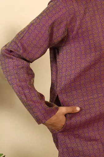 Silk blend jacquard geometric purple kurta with beige elastic dhoti