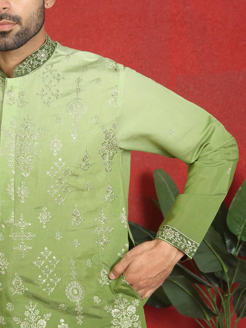 Cotton silk embroidered thread work green kurta with trouser
