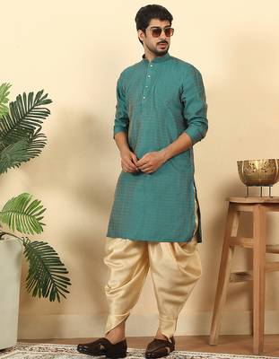 Silk blend jacquard geometric teal kurta with beige elastic dhoti 1