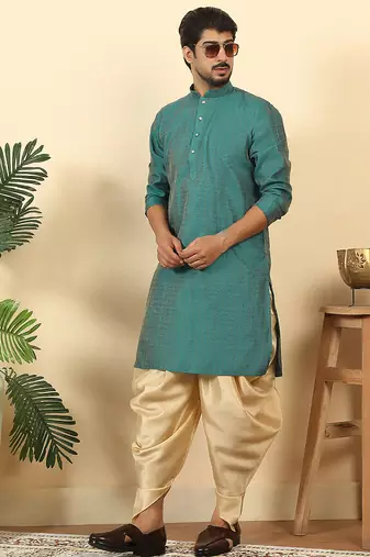 Silk blend jacquard geometric teal kurta with beige elastic dhoti