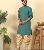 Silk blend jacquard geometric teal kurta with beige elastic dhoti