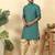 Silk blend jacquard geometric teal kurta with beige elastic dhoti