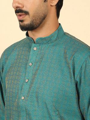 Silk blend jacquard geometric teal kurta with beige elastic dhoti 2