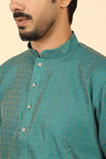Silk blend jacquard geometric teal kurta with beige elastic dhoti