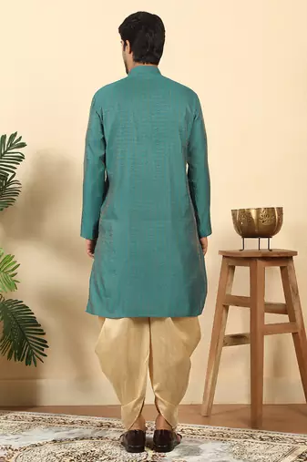 Silk blend jacquard geometric teal kurta with beige elastic dhoti