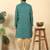 Silk blend jacquard geometric teal kurta with beige elastic dhoti