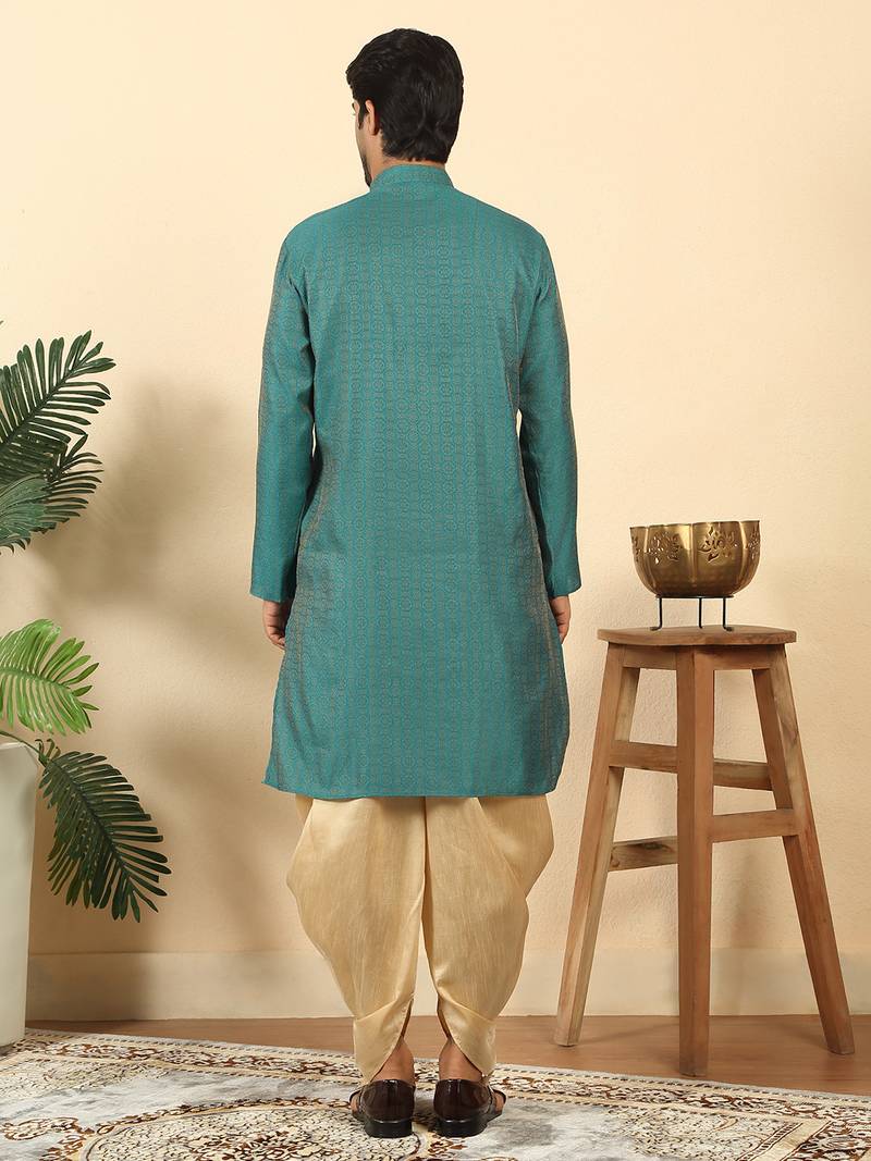 Silk blend jacquard geometric teal kurta with beige elastic dhoti