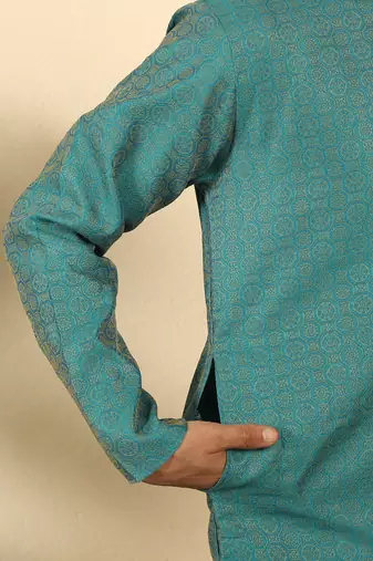 Silk blend jacquard geometric teal kurta with beige elastic dhoti
