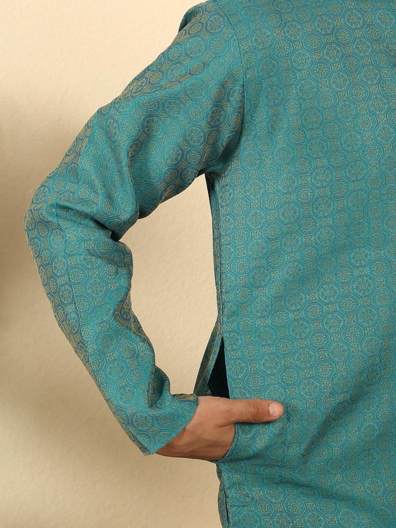Silk blend jacquard geometric teal kurta with beige elastic dhoti