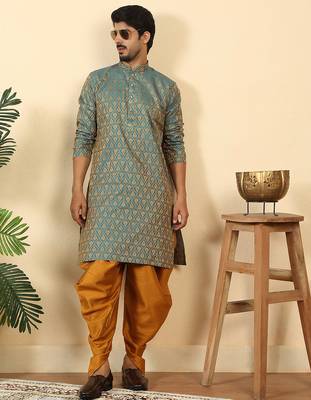 Silk blend jacquard paisley blue kurta with mustard elastic dhoti 1