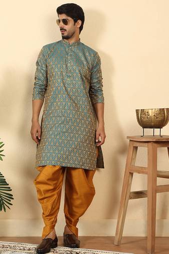Silk blend jacquard paisley blue kurta with mustard elastic dhoti