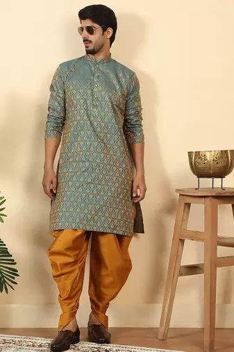 Silk blend jacquard paisley blue kurta with mustard elastic dhoti