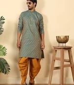 Silk blend jacquard paisley blue kurta with mustard elastic dhoti