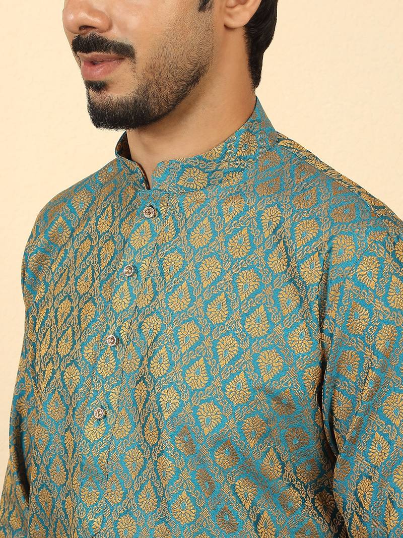 Silk blend jacquard paisley blue kurta with mustard elastic dhoti