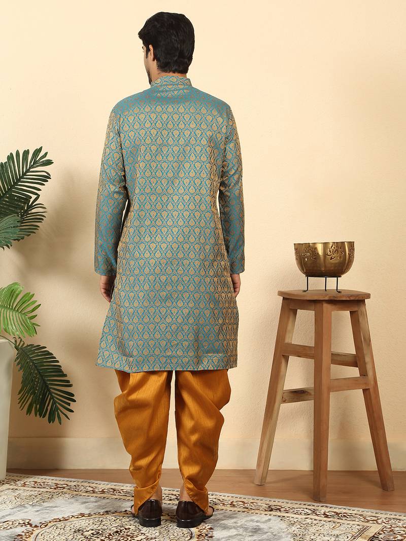 Silk blend jacquard paisley blue kurta with mustard elastic dhoti