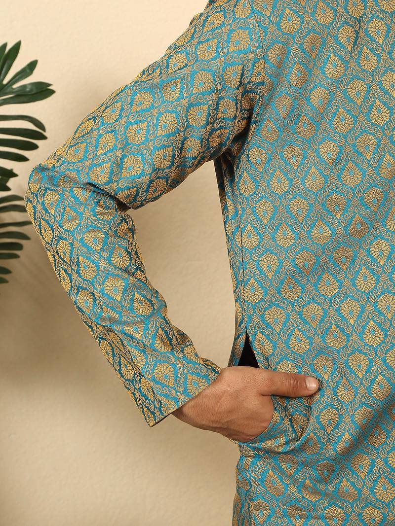 Silk blend jacquard paisley blue kurta with mustard elastic dhoti
