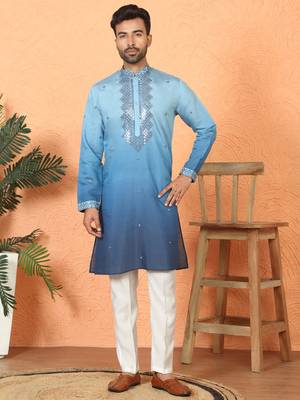 Cotton silk ombre mirror work blue kurta with trouser 1