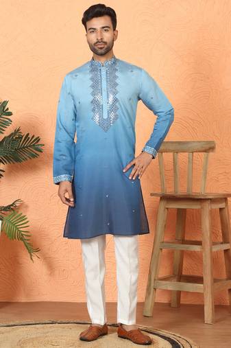 Cotton silk ombre mirror work blue kurta with trouser