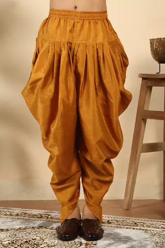 Silk blend jacquard paisley blue kurta with mustard elastic dhoti