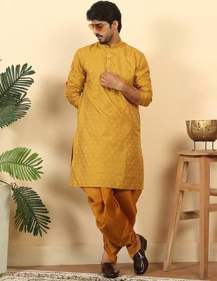 Silk blend jacquard paisley yellow kurta with mustard elastic dhoti 1