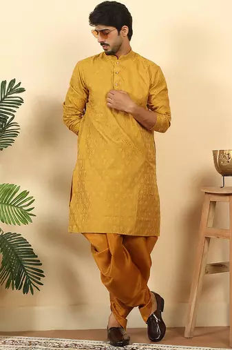 Silk blend jacquard paisley yellow kurta with mustard elastic dhoti