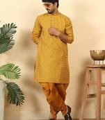Silk blend jacquard paisley yellow kurta with mustard elastic dhoti