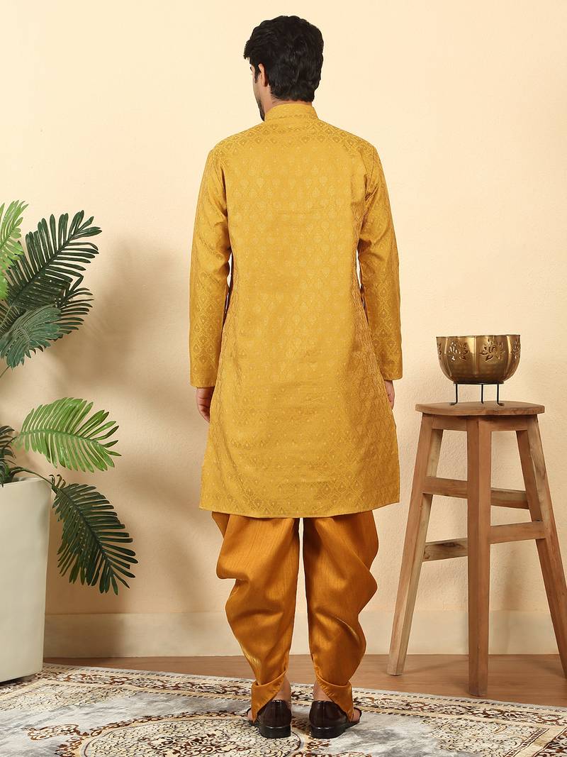 Silk blend jacquard paisley yellow kurta with mustard elastic dhoti