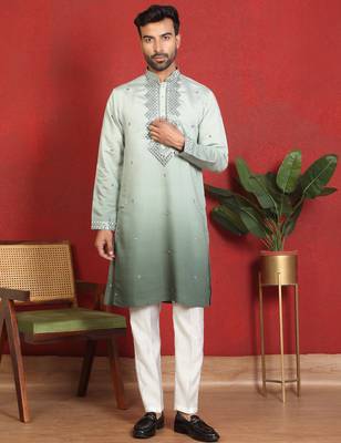 Cotton silk ombre mirror work green kurta with trouser 1