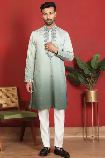 Cotton silk ombre mirror work green kurta with trouser