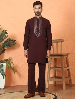 japanese fabric yoke design wine kurta with bell bottom pant 1