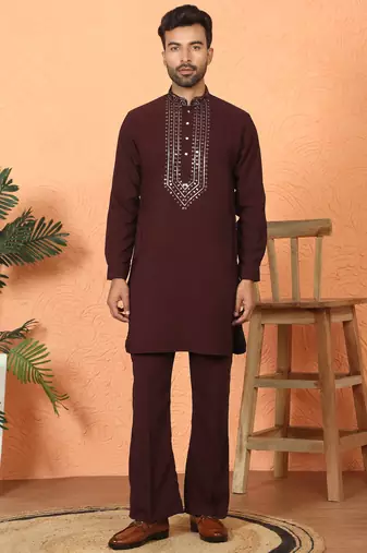 japanese fabric yoke design wine kurta with bell bottom pant