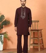 japanese fabric yoke design wine kurta with bell bottom pant
