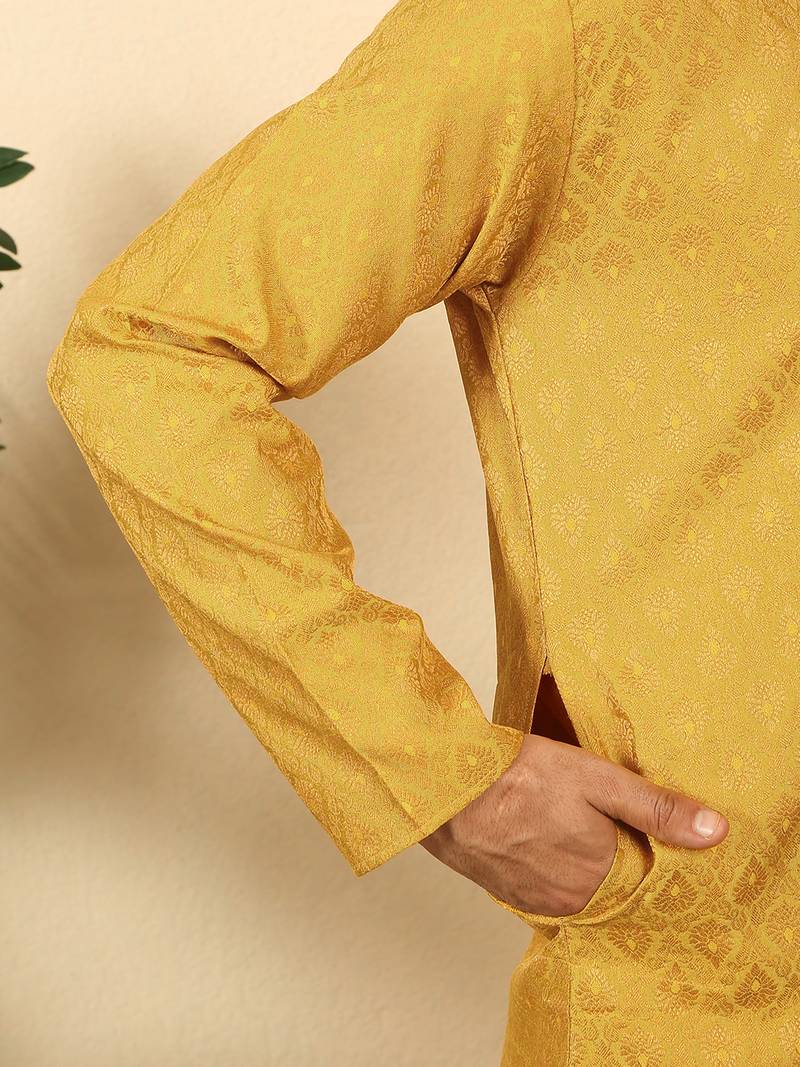 Silk blend jacquard paisley yellow kurta with mustard elastic dhoti