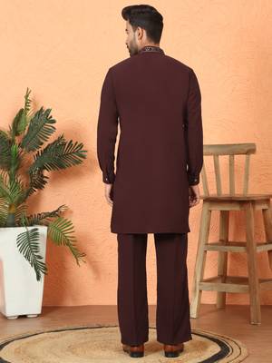 japanese fabric yoke design wine kurta with bell bottom pant 3
