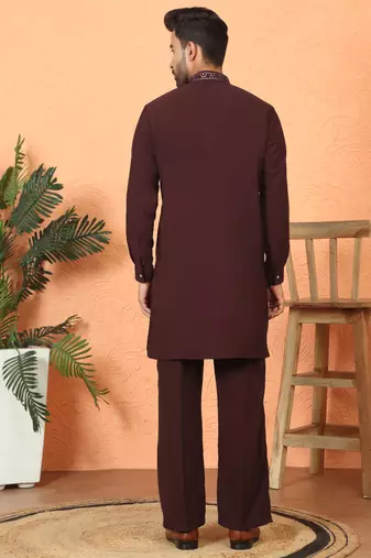 japanese fabric yoke design wine kurta with bell bottom pant