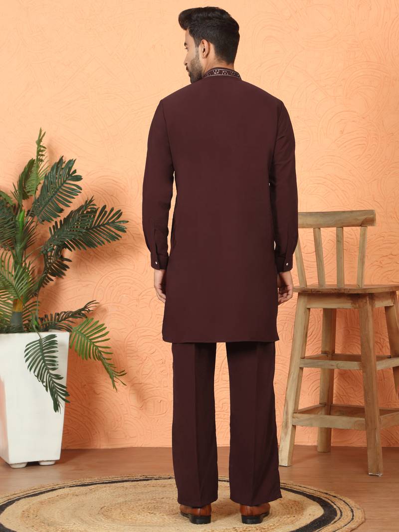 japanese fabric yoke design wine kurta with bell bottom pant